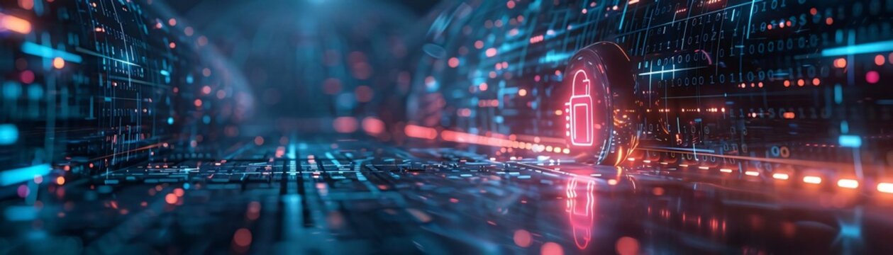 Digital security background with futuristic technology elements and a glowing padlock symbol representing cybersecurity in a digital world.