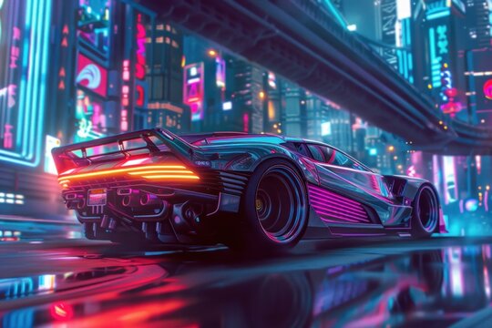 Futuristic sports car speeding through a futuristic city street at night
