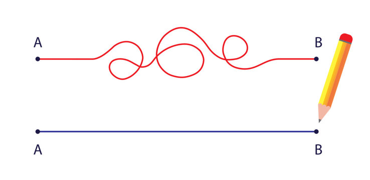 Chaos and simple way from point A to B with pencil. Problem solving and business solution searching challenge concept. Hand drawn doodle scribble chaos path lines