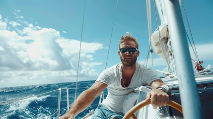Man steering yacht with confidence, ocean backdrop
