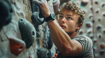 Focused climber on indoor wall, gripping holds, determined look.