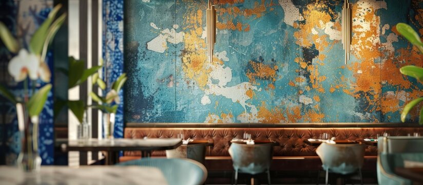 The restaurant wall features wallpaper in blue and gold hues.