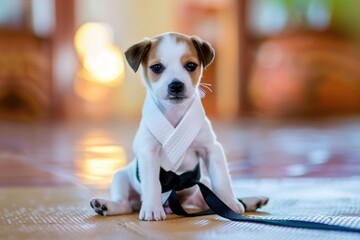 Puppy in martial arts outfit sitting calmly