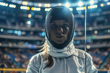 Female fencer in mask with intense stare in arena