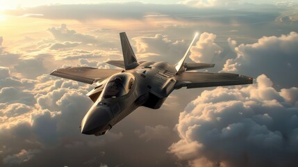 Aerial prowess: Modern jetfighter at top speed, flying above the cloudscape, representing cutting-edge military aviation