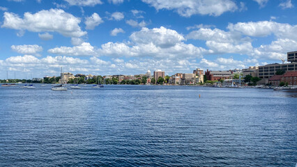 Boat View from Lake Mendota in the Summer in Madison Wisconsin and Capitol Building on Skyline