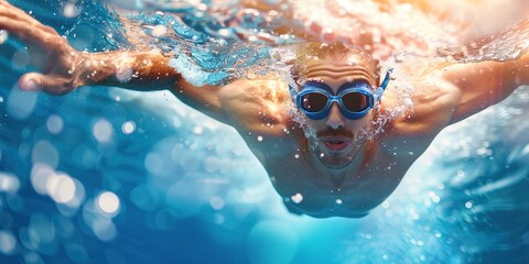 Naklejka premium Dynamic underwater view of swimmer in action, bubbles and light