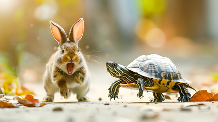 A playful rabbit racing against a slow moving turtle making silly faces as they hurry through the natural environment of a lush forest or grassland