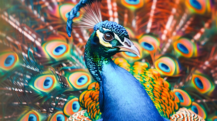 Captivating portrait of a peacock in its natural habitat showcasing its mesmerizing and vibrant feather plumage as it displays and shows off its beautiful colors and patterns © Like Animals
