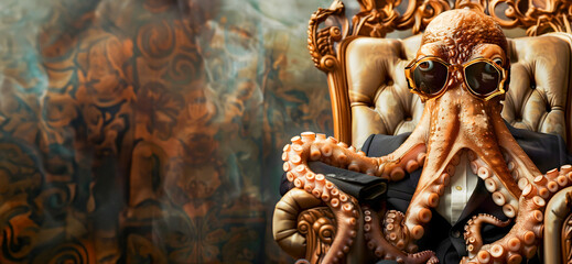 Fototapeta premium Stylish and Sophisticated Octopus Wearing Trendy Glasses and Suit Sitting on a Lavish Throne with a Surreal Fantastical Background Portraying a Powerful Business Savvy Sea Creature