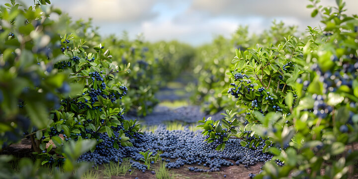 Campo de moras azules con frutos frescos y caldos al sue&ntilde;o 