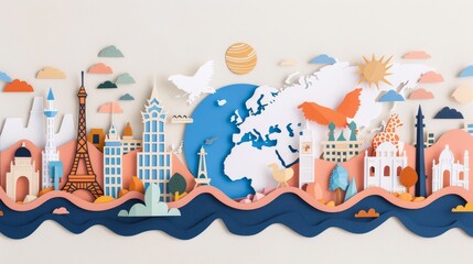 Iconic landmarks surrounding a globe, detailed monuments, vibrant colors, world travel theme, visually stunning and intricate artwork