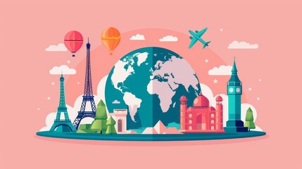 Iconic landmarks surrounding a globe, detailed monuments, vibrant colors, world travel theme, visually stunning and intricate artwork