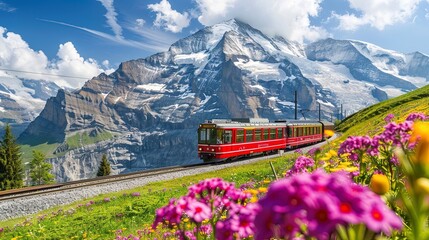 Red train traveling through swiss alps in springtime © Resi