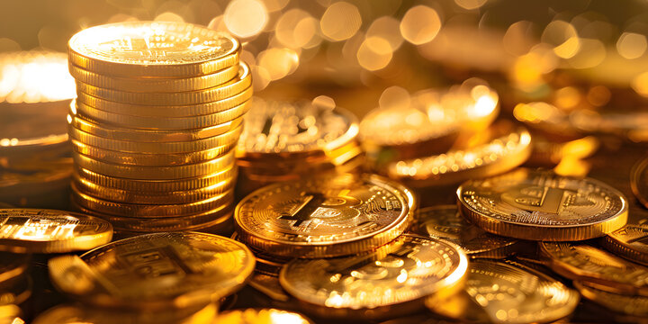Monedas doradas de criptomonedas acomodadas y apiladas en un fondo dorado bokeh