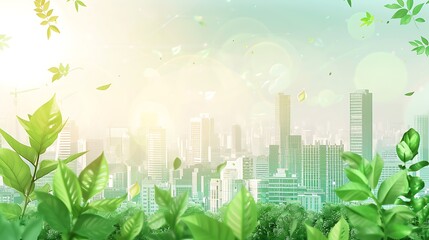 A vibrant blend of urban and natural elements, showcasing greenery with a city skyline under a soft, luminous sky.