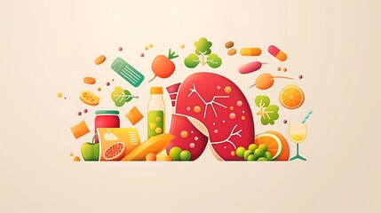 Promote World Hepatitis Day with an illustration of a healthy liver surrounded by nutritious foods, healthcare symbols, and informational brochures, emphasizing the importance of liver health. Copy