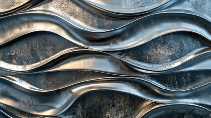 Elegant 3D rendering of chrome waves against a textured metal background, highlighting modern aesthetics.