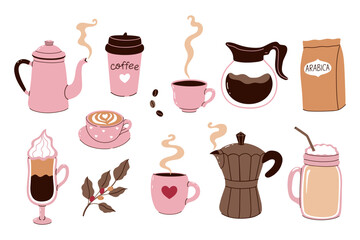 Set of coffee items isolated on white background. Vector graphics.