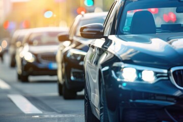 Obraz premium Urban Traffic Jam with Cars Lined Up on City Street During Sunset