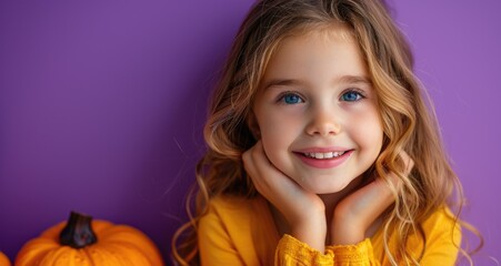 Smiling Blonde Girl Posing with Pumpkins against Purple Background