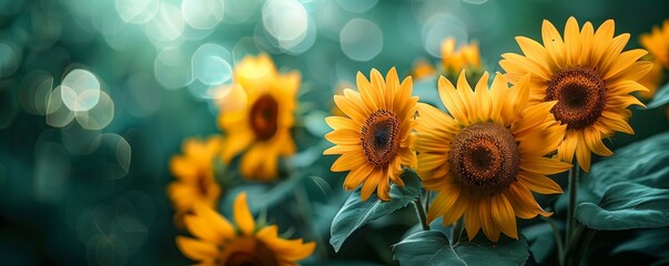 Obraz premium Close up Sunflower on blurred green nature background. Horizontal agriculture summer banner with yellow sunflower. Summer greeting card, copy space.