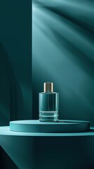 Elegant glass perfume bottle on a green pedestal.  Minimalist product photography for fragrance advertising or mockup.