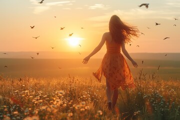Woman Walking into the Sunset with Birds Flying