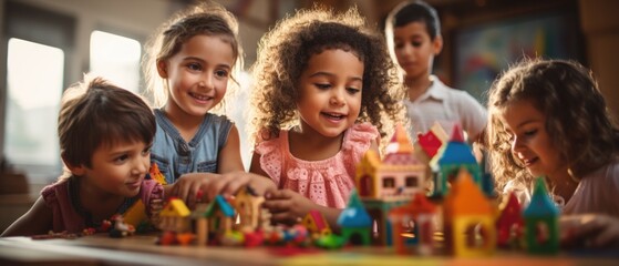 Smiling Children Engaging in Creative Play with Colorful Building Blocks