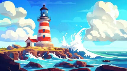 Cartoon lighthouse on rocky coast with crashing waves, blue sky and fluffy clouds. Concept of seascape, navigation, safety, and guidance.