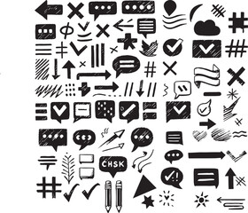 Hand drawing crayon texture design elements. Chalk pencil sketch set of arrow, speech bubble, underline, hash tag, punctuation marks. Vector doodle charcoal crosses, lines, checkmarks, dialogue boxes.