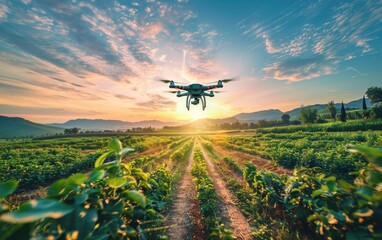 Fototapeta premium Drone flying over farm field at sunset