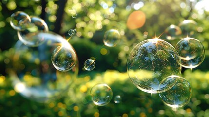 Magical Sunlit Bubbles Floating in a Lush Green Garden with Bokeh Effect