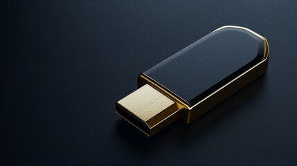 Modern, luxurious encrypted USB flash drive, elegant design, symbolizing data security, set on a sophisticated dark background