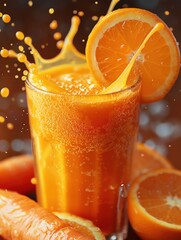 Orange carrot juice splash with carrot slices, ample copy space