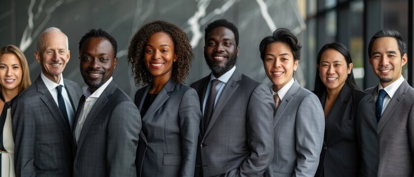 Diverse team of professionals standing in office lobby