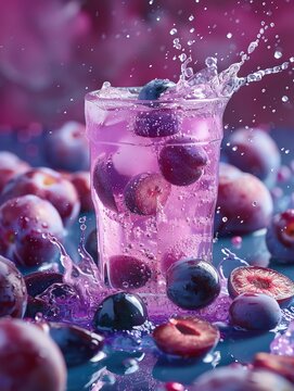 Purple plum juice splash with plum pieces, ample copy space