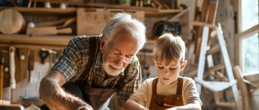 Grandfather and grandson working in workshop - Powered by Adobe