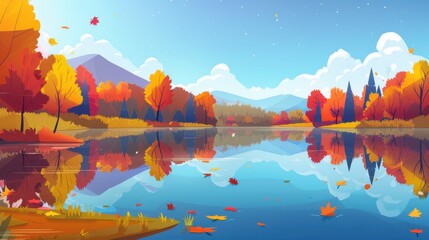 Serene Autumn Landscape. Colorful Fall Trees Reflected in Lake, Scenic Nature Illustration