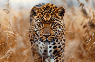 Leopard stalking through grass