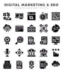 Digital Marketing & SEO Glyph icons collection. 25 icon set in a Glyph design.