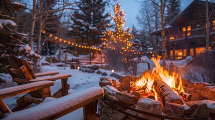 A bonfire crackles nearby inviting guests to gather around for warmth and conversation.