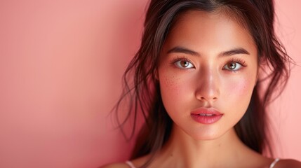 Obraz premium A woman with long dark hair and a pink background