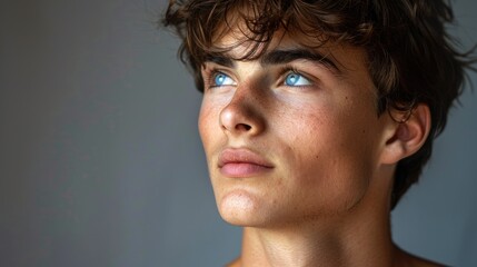 Fototapeta premium A man with a blue eye stares into the distance