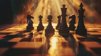 A chess board with a black king and black pawns