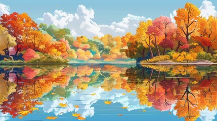Serene Autumn Landscape. Colorful Trees Reflected in Still Lake