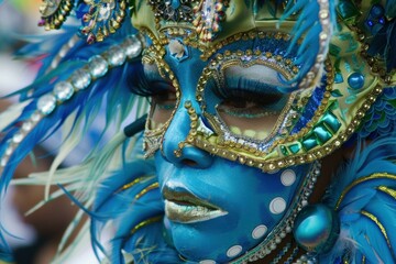 Fototapeta premium Person with blue makeup and ornate costume posing during a carnival parade