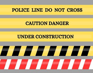 Set of different danger tapes. Tapes with text Under construction, Caution Danger, Police line do not cross