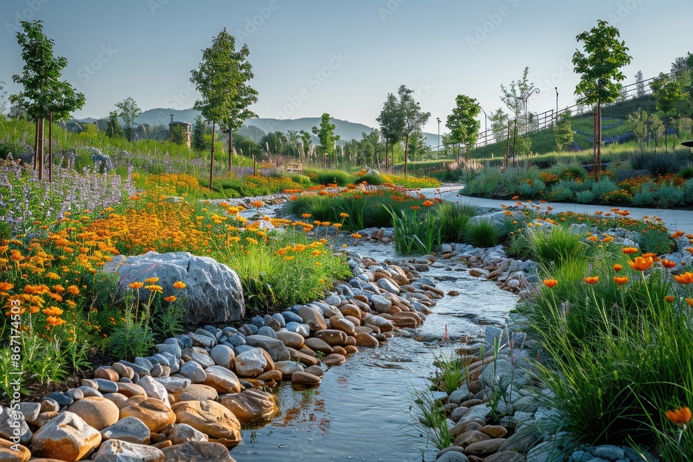 Canvas Prints Serene Landscape with Flowing Stream, Wildflowers, and Trees in Bloom