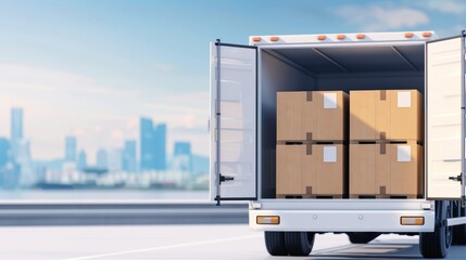 Truck with open back door showing stacked cardboard boxes, online delivery service, detailed transportation, cityscape backdrop, realistic and busy